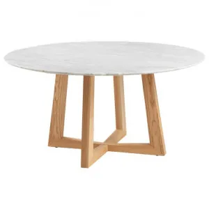 Sloan Commercial Grade Marble Top Round Dining Table, 150cm, White / Natural by Cora Bona, a Dining Tables for sale on Style Sourcebook