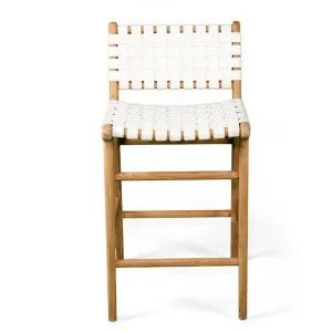 Bredbo Leather Straps & Teak Timber Counter Stool, White / Natural by Ambience Interiors, a Bar Stools for sale on Style Sourcebook