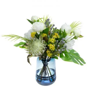 Kilmoyley Artificial Protea & Protea & Peony Arrangement in Vase, 58cm, Apple Green Flower / Blue Vase by Glamorous Fusion, a Plants for sale on Style Sourcebook