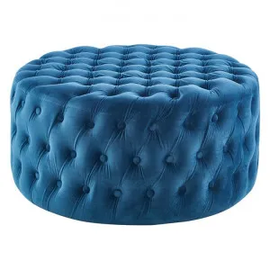 Sevilla Tufted Velvet Fabric Round Ottoman, Blue by Dodicci, a Ottomans for sale on Style Sourcebook