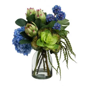 Stella Artificial Hydrangea & Protea Arrangement in Vase, Blue Flower, 45cm by Glamorous Fusion, a Plants for sale on Style Sourcebook