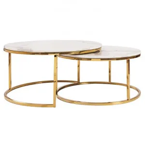 Crown 2 Piece Stone & Metal Round Nesting Coffee Table Set, 80/60cm, White / Gold by Boerio Furniture, a Coffee Table for sale on Style Sourcebook