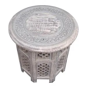 Carved Rubber Wood Timber Round Side Table, White Wash by Dodicci, a Side Table for sale on Style Sourcebook