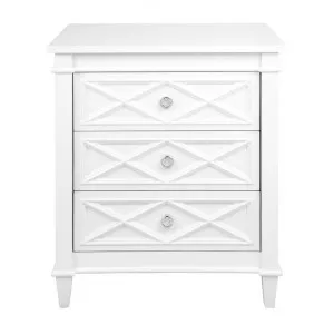 Plantation 3 Drawer Bedside Table, Large, Satin White by Cozy Lighting & Living, a Bedside Tables for sale on Style Sourcebook