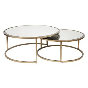 Serene 2 Piece Mirror & Iron Round Nesting Coffee Table Set, 95/80cm, Antique Gold by Cozy Lighting & Living, a Coffee Table for sale on Style Sourcebook