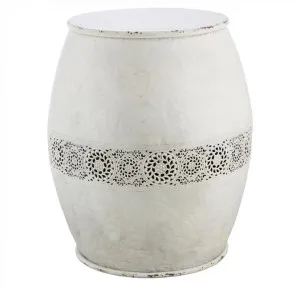 Taliyah Filagree Iron Drum Stool, Large, Distressed White by Casa Uno, a Side Table for sale on Style Sourcebook