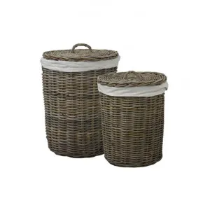 Roussy 2 Piece Rattan Round Laundry Hamper Set by Provencal Treasures, a Laundry Bags & Baskets for sale on Style Sourcebook