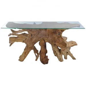 Tropica Tika Commercial Grade Glass & Reclaimed Teak Root Console Table, 140cm by Superb Lifestyles, a Console Table for sale on Style Sourcebook