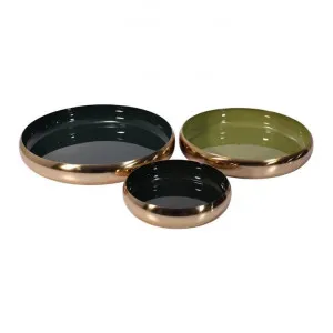 Donai 3 Piece Enamelled Brass Flat Bowl Set, Olive / Navy by Florabelle, a Bowls for sale on Style Sourcebook