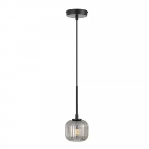 Telbix Bobo 1 Light Ribbed Barrel Glass LED Pendant Light Smoked Black by Telbix, a Pendant Lighting for sale on Style Sourcebook