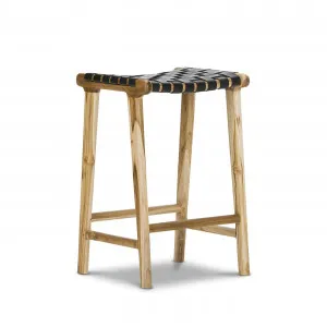 Lazie 66cm Leather Strapping Bar Stool, Teak & Black by L3 Home, a Bar Stools for sale on Style Sourcebook
