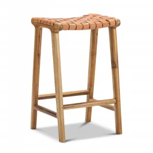 Lazie 66cm Leather Strapping Bar Stool, Teak & Natural Tan by L3 Home, a Bar Stools for sale on Style Sourcebook