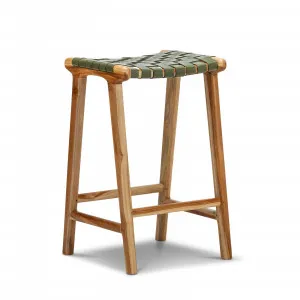 Lazie 66cm Leather Strapping Bar Stool, Teak & Olive Green by L3 Home, a Bar Stools for sale on Style Sourcebook