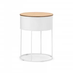 Nyah Round Storage Side Table, White & Natural by L3 Home, a Side Table for sale on Style Sourcebook
