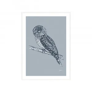 Tawny Frogmouth Australian Bird in Wedgewood Blue Fine Art Print | FRAMED White Boxed Frame A3 (29.7cm x 42cm) by Luxe Mirrors, a Artwork & Wall Decor for sale on Style Sourcebook