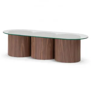 Mathis 1.4m Oval Glass Coffee Table - Walnut by Interior Secrets - AfterPay Available by Interior Secrets, a Coffee Table for sale on Style Sourcebook