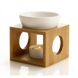 Oil Burner Set w/ Bamboo Holder - White - 12 x 12 x 9.5cm by Casa Uno, a Candles & Fragrances for sale on Style Sourcebook