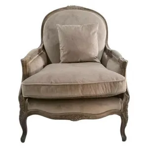 Elenor Velvet Fabric & Oak Timber Armchair, Taupe by Provencal Treasures, a Chairs for sale on Style Sourcebook