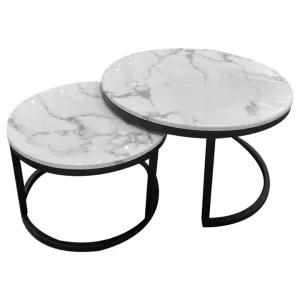 Trizzino 2 Piece Sintered Stone Top Round Nesting Coffee Table Set, 80/60cm, White / Black by OZWorld, a Coffee Table for sale on Style Sourcebook