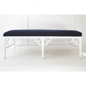 Wichita Fabric & Mahogany Timber Bed End Bench, 135cm, Navy / White by Ambience Interiors, a Benches for sale on Style Sourcebook