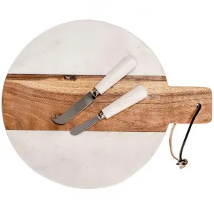 Lulia Marble & Timber Round Paddle Serving Board & Cheese Knife Set, White by Casa Sano, a Platters & Serving Boards for sale on Style Sourcebook