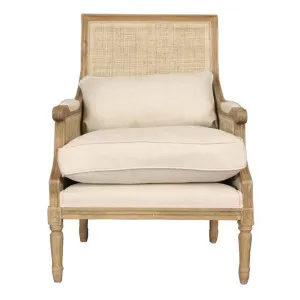 Hicks Caned Oak Timber Armchair with Fabric Cushions, Natural / Beige by Florabelle, a Chairs for sale on Style Sourcebook