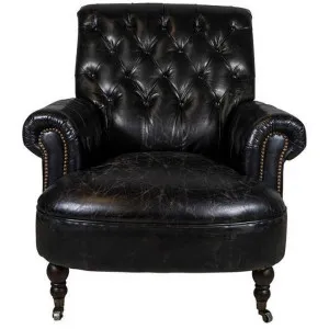 Foxleigh Aged Leather Library Armchair, Black by Provencal Treasures, a Chairs for sale on Style Sourcebook