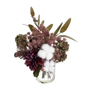 Stella Artificial Dahlia & Cotton Arrangement in Vase, Wine Flower, 25cm by Glamorous Fusion, a Plants for sale on Style Sourcebook