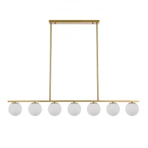 Marsten Iron & Glass Linear Bar Pendant Light, 7 Light, Antique Gold / Opal by Telbix, a Pendant Lighting for sale on Style Sourcebook