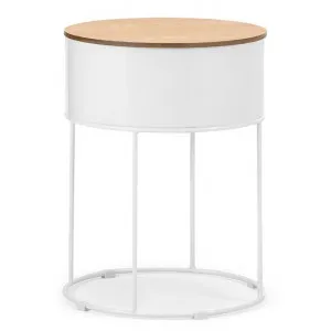 Nyah Steel Round Storage Side Table, White / Natural by FLH, a Side Table for sale on Style Sourcebook