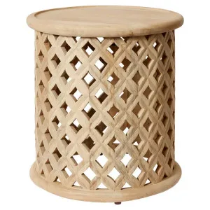 Hafina Carved Mango Wood Round Side Table, Natural by Elme Living, a Side Table for sale on Style Sourcebook