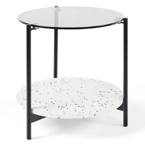 Maddox Glass & Metal Round Side Table with Terrazzo Shelf, Black / White by M Co Living, a Side Table for sale on Style Sourcebook