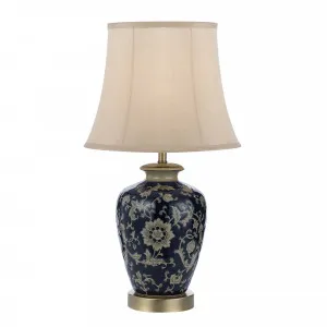 Nashi Antique Brass And Blue With Taupe Linen Shade Table Lamp Small by Telbix, a Table & Bedside Lamps for sale on Style Sourcebook