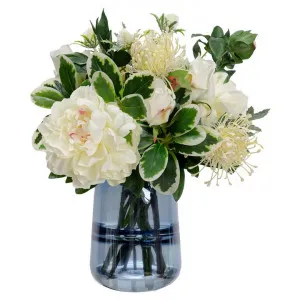 Kilmoyley Artificial Peony & Rose Arrangement in Vase, 36cm, White Flower / Blue Vase by Glamorous Fusion, a Plants for sale on Style Sourcebook