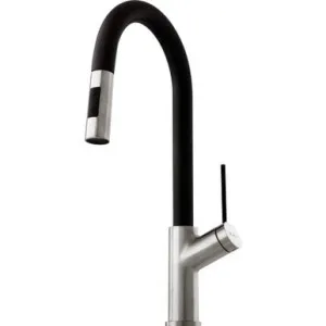 Vilo Sink Mixer With Pull-Out Spray With Black Spout Brushed Satin 4Star | Made From Brass In Chrome Finish/Black By Oliveri by Oliveri, a Kitchen Taps & Mixers for sale on Style Sourcebook