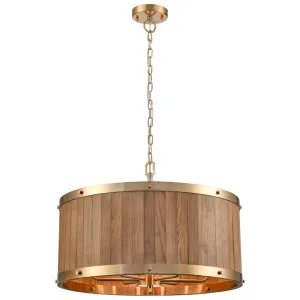 Barrique Wood & Iron Drum Pendant Light, Medium Red Oak / Satin Brass by CLA Ligthing, a Pendant Lighting for sale on Style Sourcebook