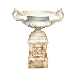 Campana Cast Iron Garden Urn & Pedestal Set, Small, Antique White by CHL Enterprises, a Baskets, Pots & Window Boxes for sale on Style Sourcebook