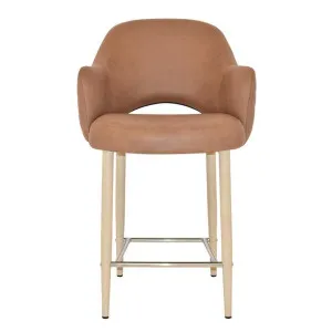 Albury Commercial Grade Pelle / Benito Fabric Counter Stool with Arm, Metal Leg, Tan / Birch by Eagle Furn, a Bar Stools for sale on Style Sourcebook