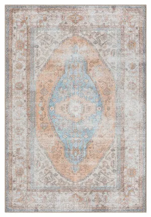 Halima Orange and Blue Traditional Distressed Washable Rug by Miss Amara, a Persian Rugs for sale on Style Sourcebook