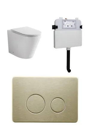 Java Rimless In-wall Toilet Suite S&P Trap with Round Metal Brushed Gold Button by Zumi, a Toilets & Bidets for sale on Style Sourcebook