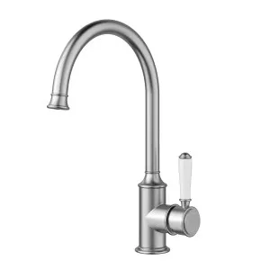 Clasico Gooseneck Sink Mixer Ceramic Handle  Brushed Nickel by Ikon, a Laundry Taps for sale on Style Sourcebook