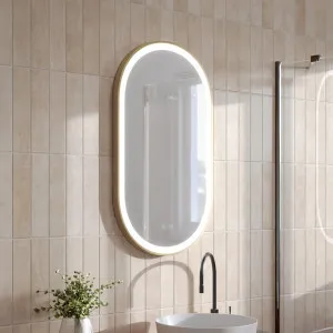 Ingrain Pill Shaped Brushed Gold Framed Frontlit LED Mirror 500mm by 850mm by Ingrain, a Vanity Mirrors for sale on Style Sourcebook