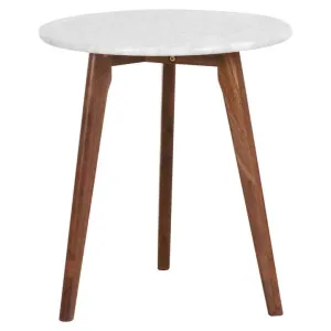 Oia Marble & Timber Round Side Table, White / Walnut by L&I Home, a Side Table for sale on Style Sourcebook