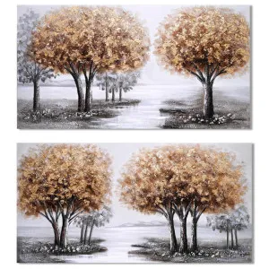 "Lakeside Golden Canopies" 2 Piece Stretched Hand Painting Canvas Wall Art Set, 100cm by PNC Imports, a Artwork & Wall Decor for sale on Style Sourcebook