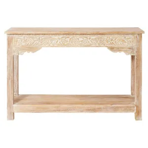 Zankhana Carved Reclaimed Timber Console Table, 132cm, Lime Washed Natural by Elme Living, a Console Table for sale on Style Sourcebook