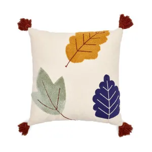 Zelda white cushion cover with multicolour embroidered leaves and terracotta tassels, 45 x 45 cm by Kave Home, a Kids Cushions for sale on Style Sourcebook