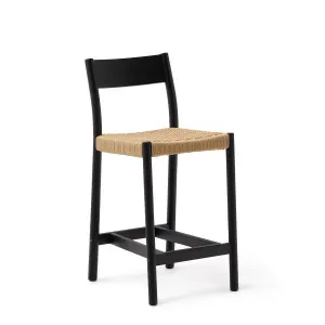 Yalia stool with a backrest in solid oak wood in a black finish, and rope cord seat, 65 cm FSC 100% by Kave Home, a Bar Stools for sale on Style Sourcebook