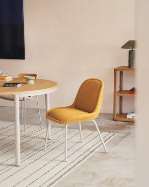 Aimin chair in mustard bouclé and steel legs with a matte beige painted finish by Kave Home, a Dining Chairs for sale on Style Sourcebook