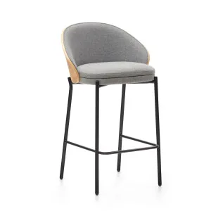 Eamy stool  light grey chenille and ash wood veneer with a natural finish and black metal, 65 cm by Kave Home, a Bar Stools for sale on Style Sourcebook