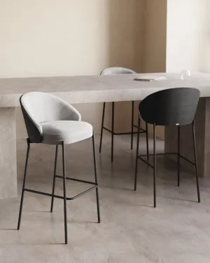 Eamy stool light grey chenille and ash wood veneer with a black finish and black metal, 75 cm by Kave Home, a Bar Stools for sale on Style Sourcebook